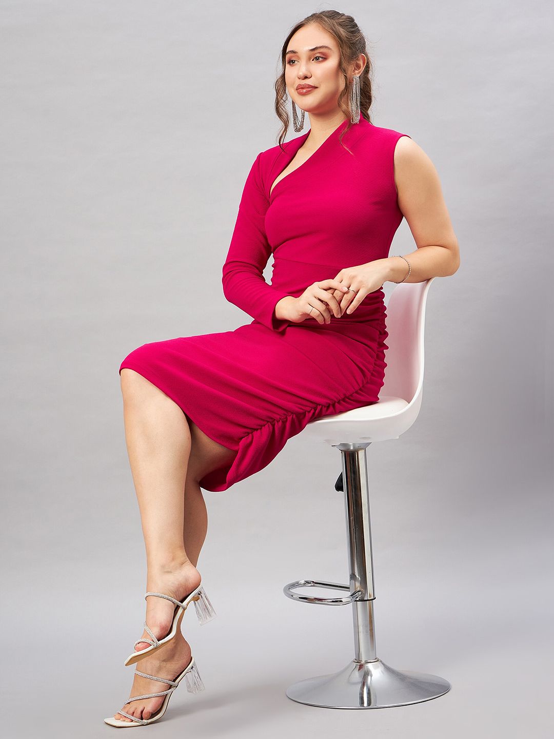 Antheaa Pink Asymmetric Neck Bodycon Dress