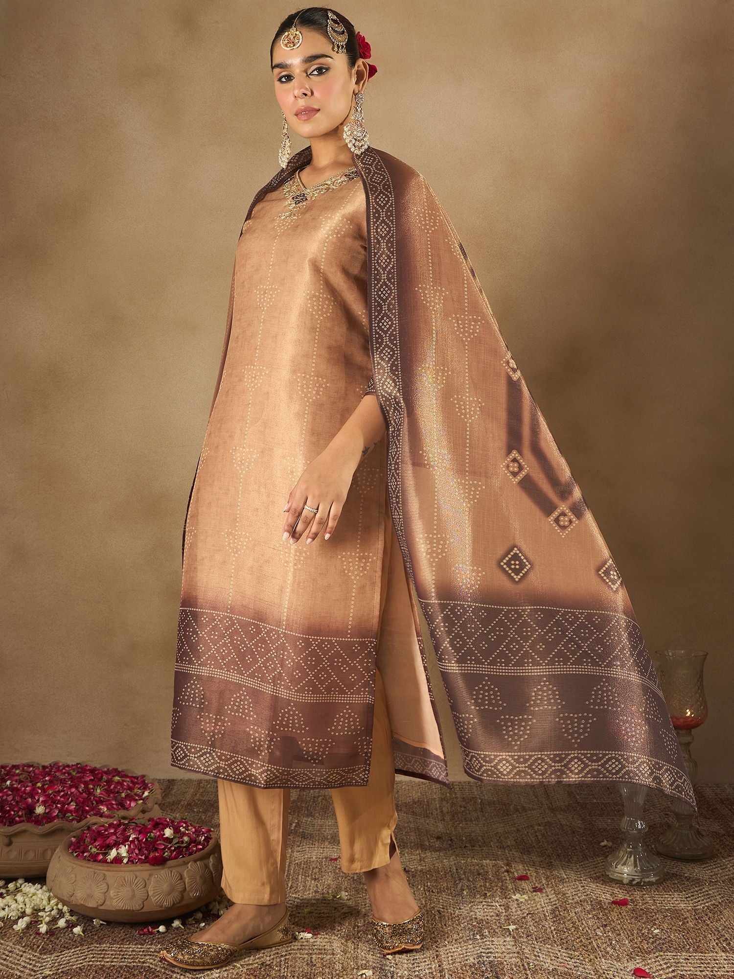 Indo Era Floral Embroidered Embellished V-Neck Straight Kurta with Trouser And Dupatta