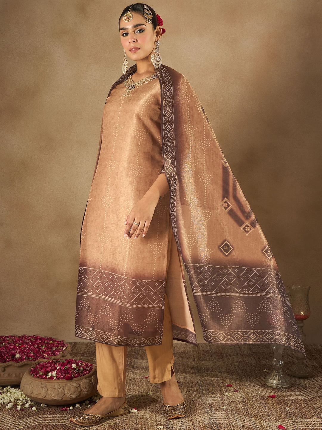 Indo Era Floral Embroidered Embellished V-Neck Straight Kurta with Trouser And Dupatta