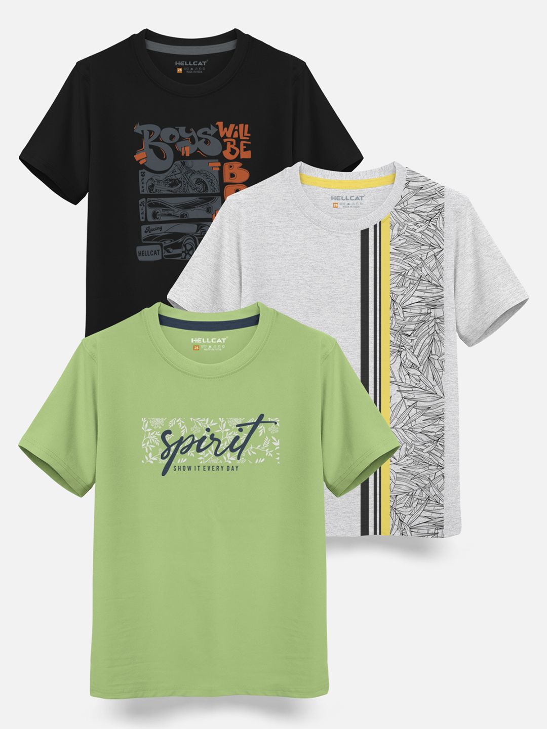 HELLCAT Boys Pack Of 3 Printed Cotton T-shirt