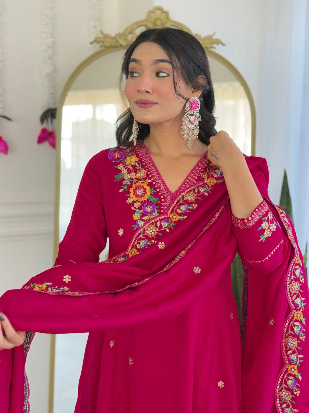 KALINI Women Floral Embroidered Regular Thread Work Kurta with Trousers & With Dupatta