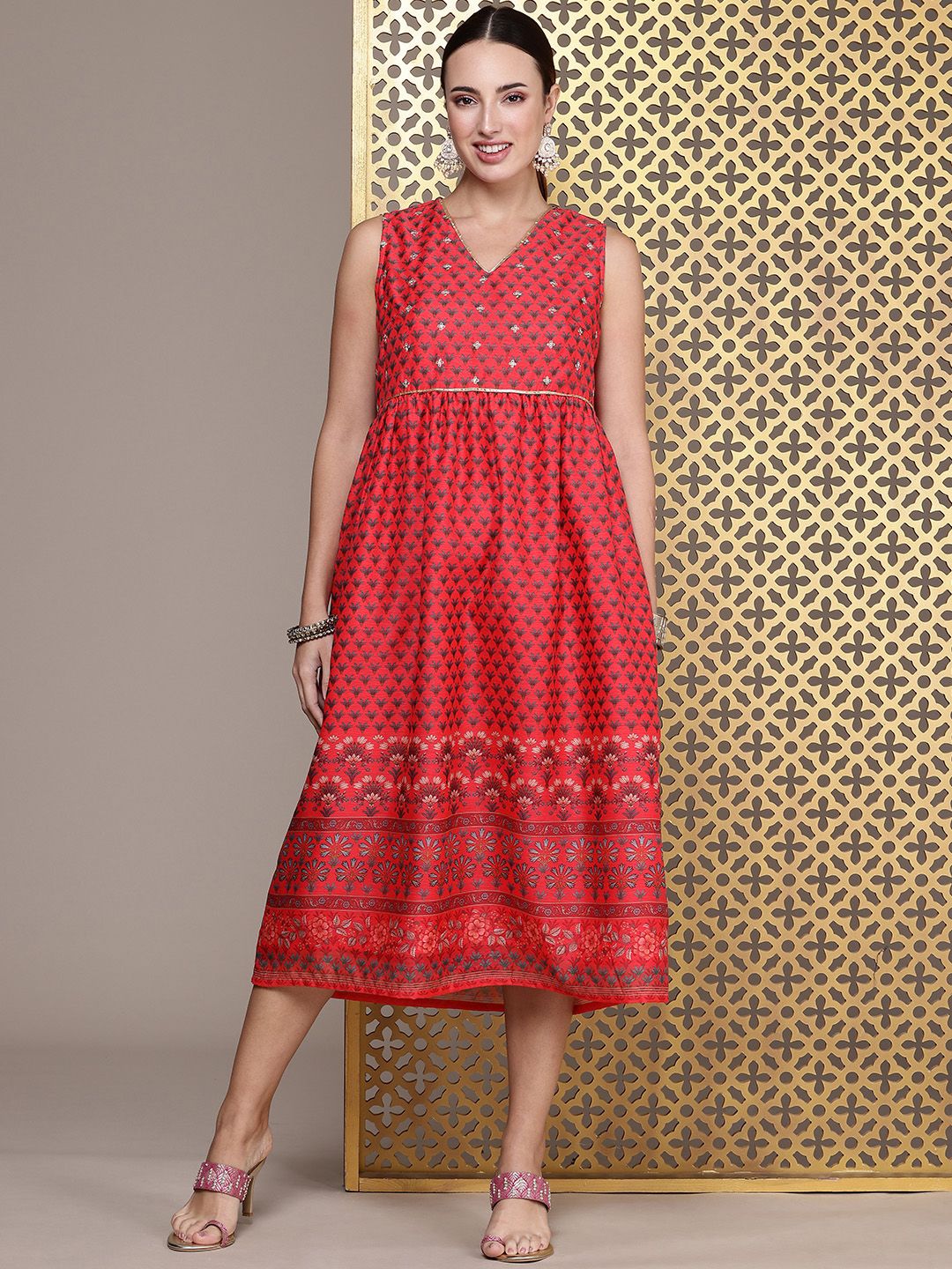 House of Pataudi Floral Printed Sequinned Detailed V-Neck A-Line Midi Jashn Dress