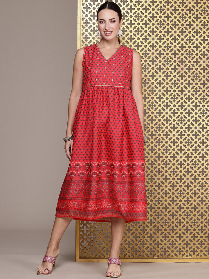 House of Pataudi Floral Printed Sequinned Detailed V-Neck A-Line Midi Jashn Dress