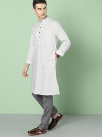 House of Pataudi Men White & Grey Printed Straight  Kurta