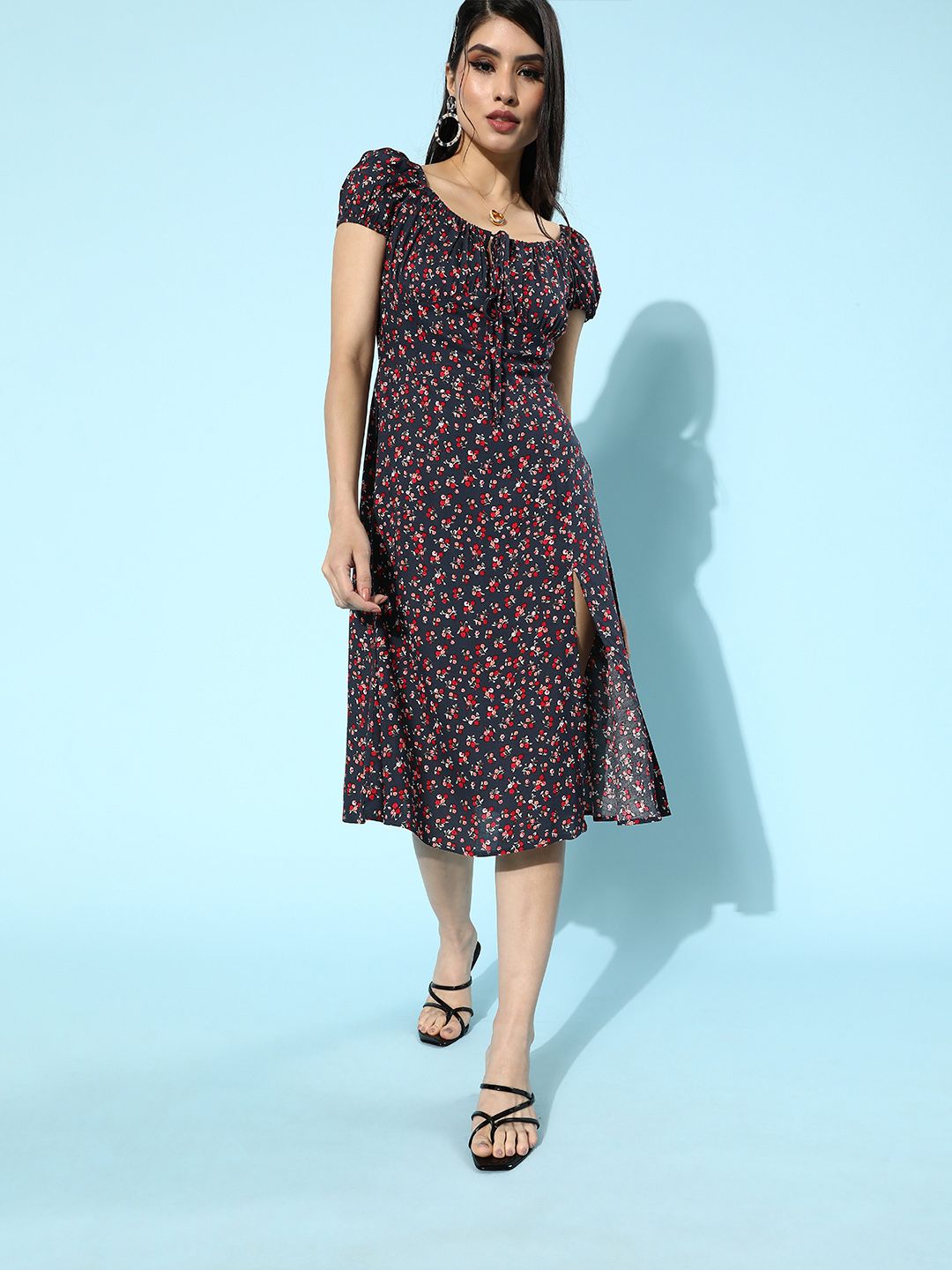 Berrylush Navy Blue Ditsy Floral Print A-Line Midi Dress