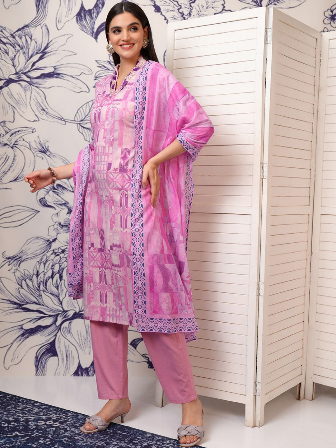 Vishudh Purple Ethnic Motifs Printed Sequinned Pure Cotton Kurta with Trouser & Dupatta