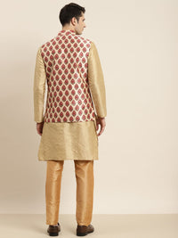 SOJANYA Kurta Emas & Merah Lelaki dengan Jaket Churidar & Nehru
