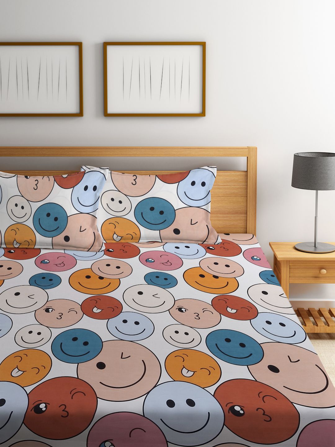 KLOTTHE White & Blue Cartoon Characters 300 TC Fitted King Bedsheet with 2 Pillow Covers