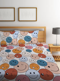 KLOTTHE White & Blue Cartoon Characters 300 TC Fitted King Bedsheet with 2 Pillow Covers