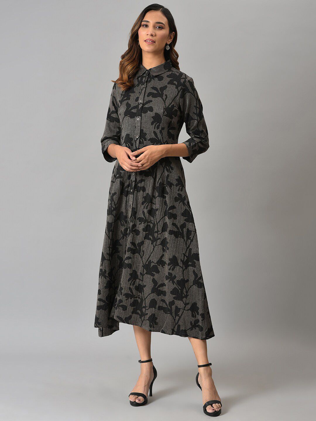 W Floral Printed Midi Cotton Dress