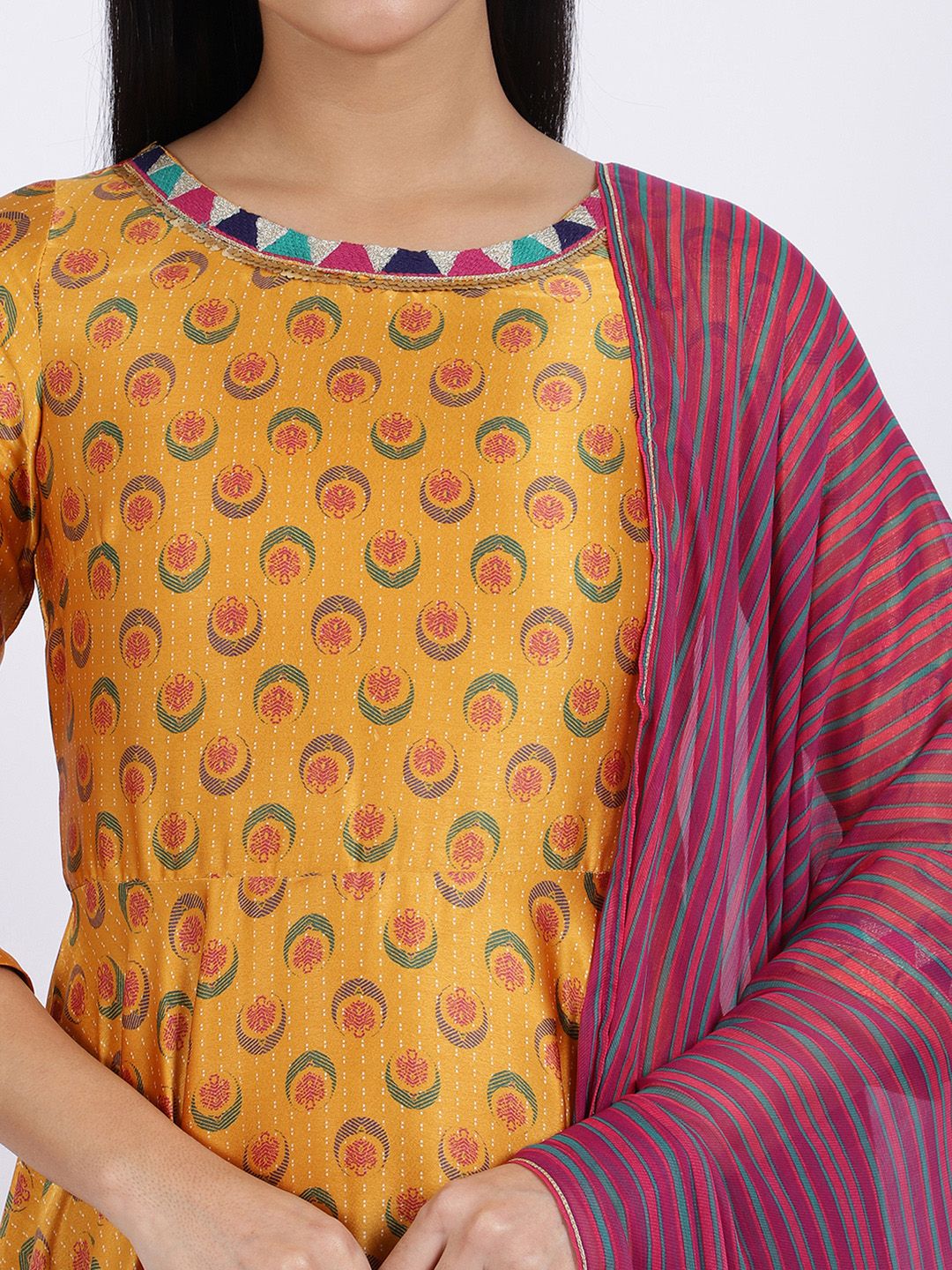 W Yellow Ethnic Motifs Printed Regular Sequinned Kurta With Leggings And Dupatta