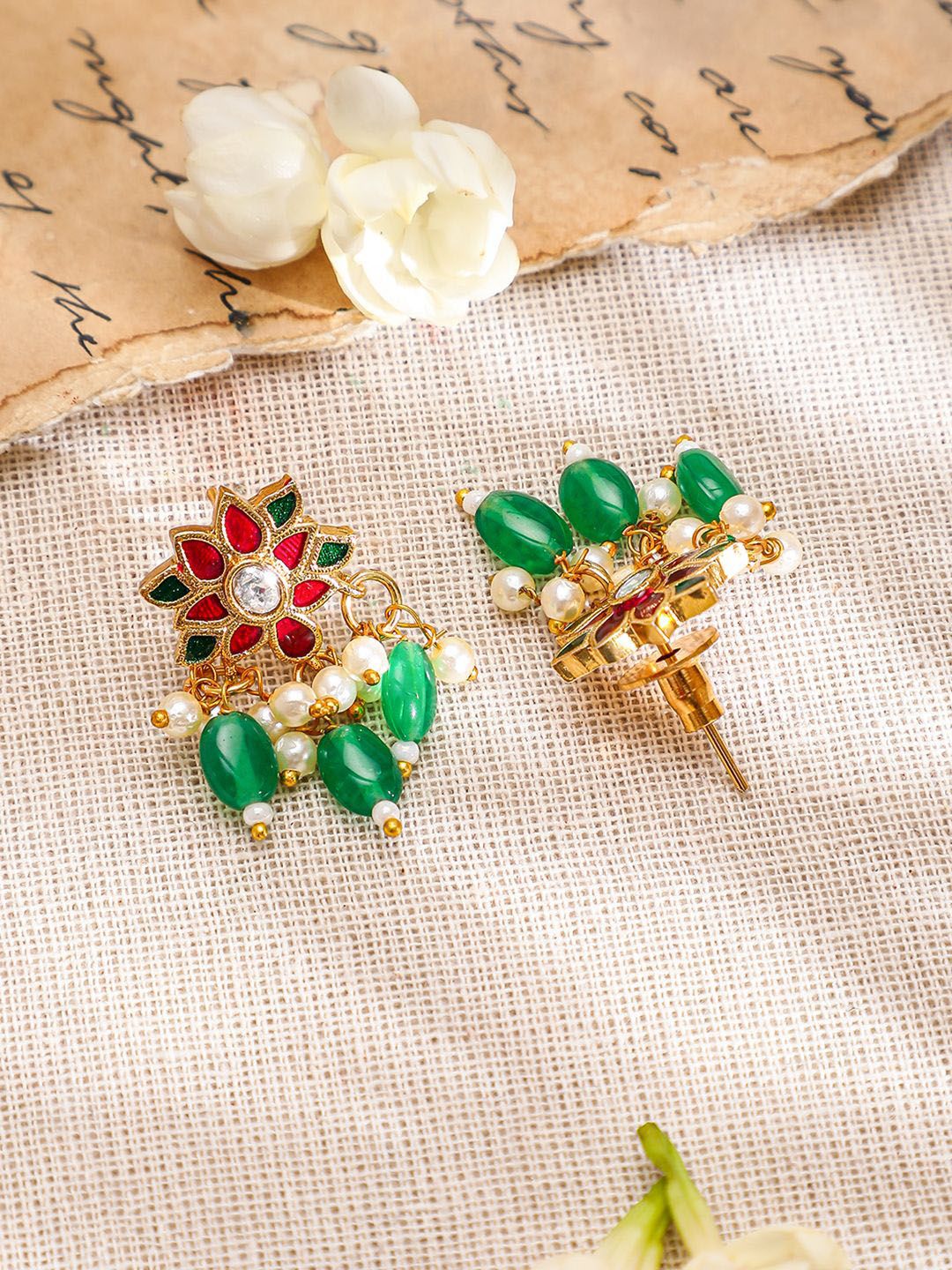 Rubans 22K Kalung Long Pink & Green Kundan yang berlapis emas dengan anting-anting