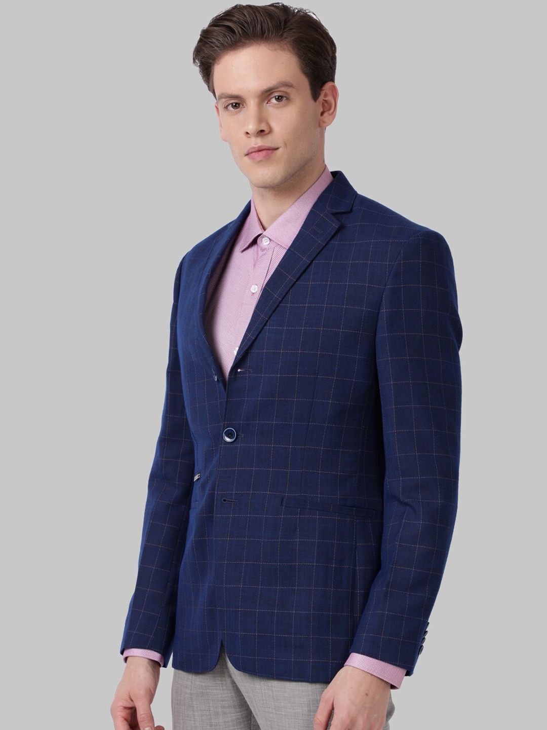 Park Avenue Men Navy Blue Checked Super Slim-Fit Single-Breasted Formal Blazer
