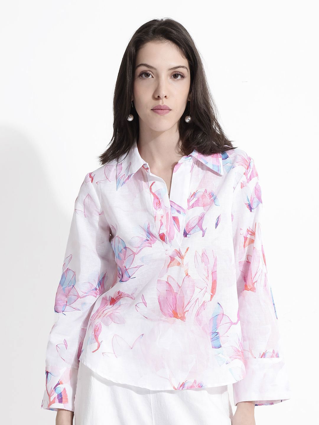 RAREISM Floral Printed Shirt Collar Cotton Top