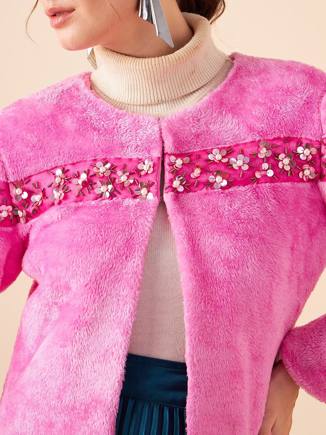 Antheaa Pink Self Design Collarless Long Sleeves Studded Tailored Jacket