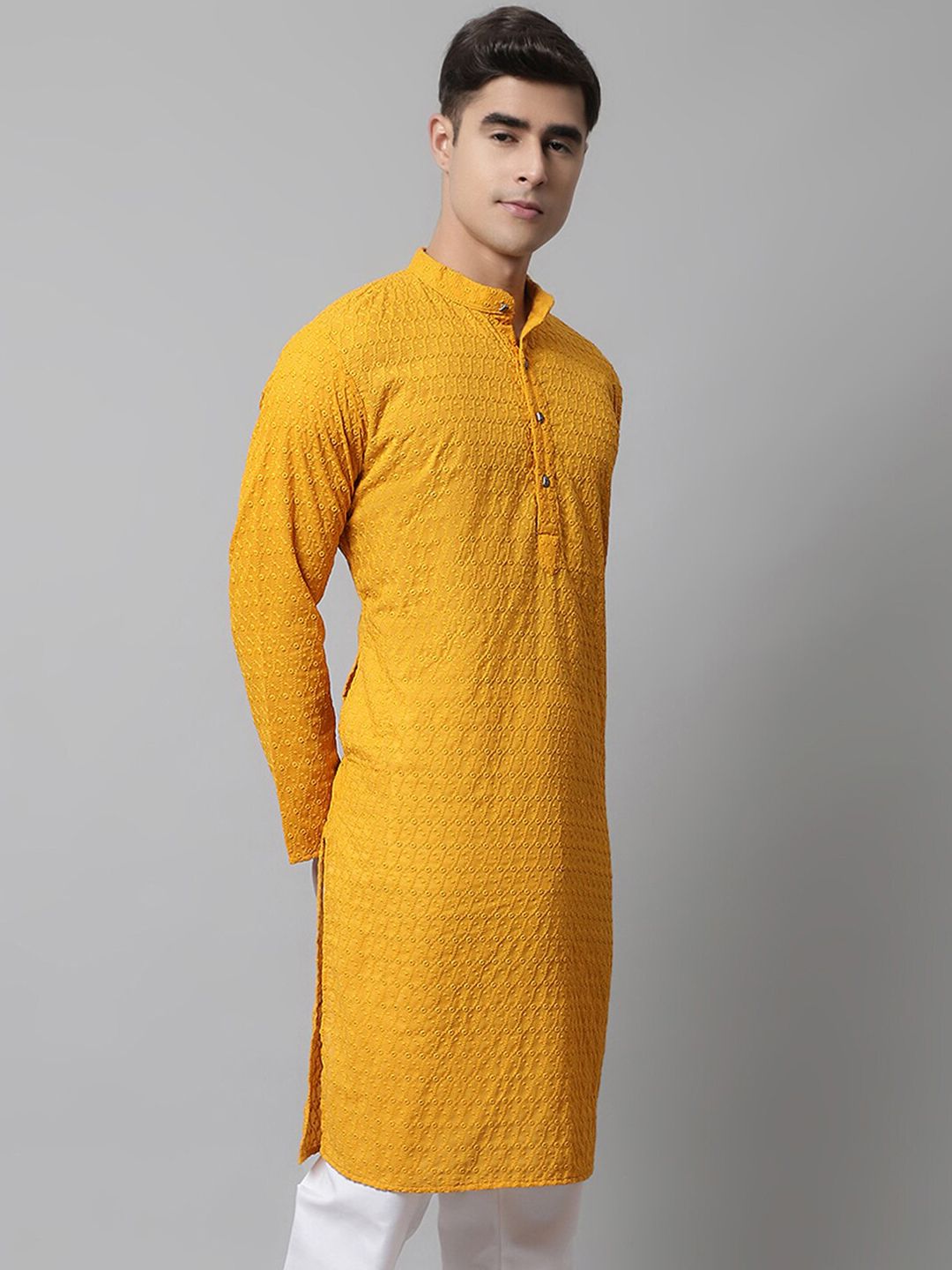 Jompers Men Mustard Ethnic Motifs Embroidered Thread Work Cotton Kurta