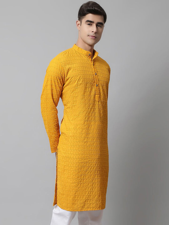 Jompers Men Mustard Ethnic Motifs Embroidered Thread Work Cotton Kurta