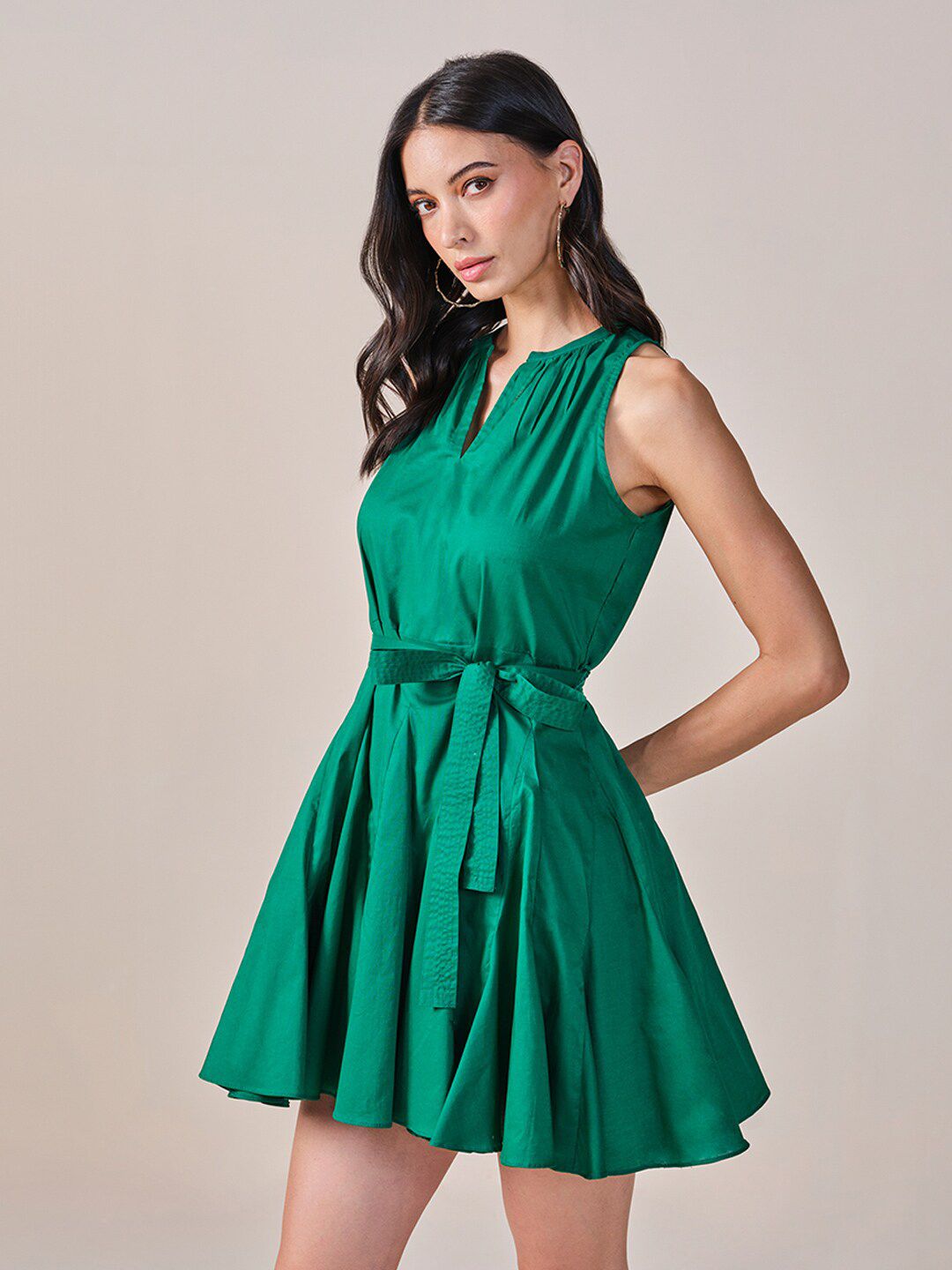 AND Mandarin Collar Sleeveless Belted Cotton Fit & Flare Dress
