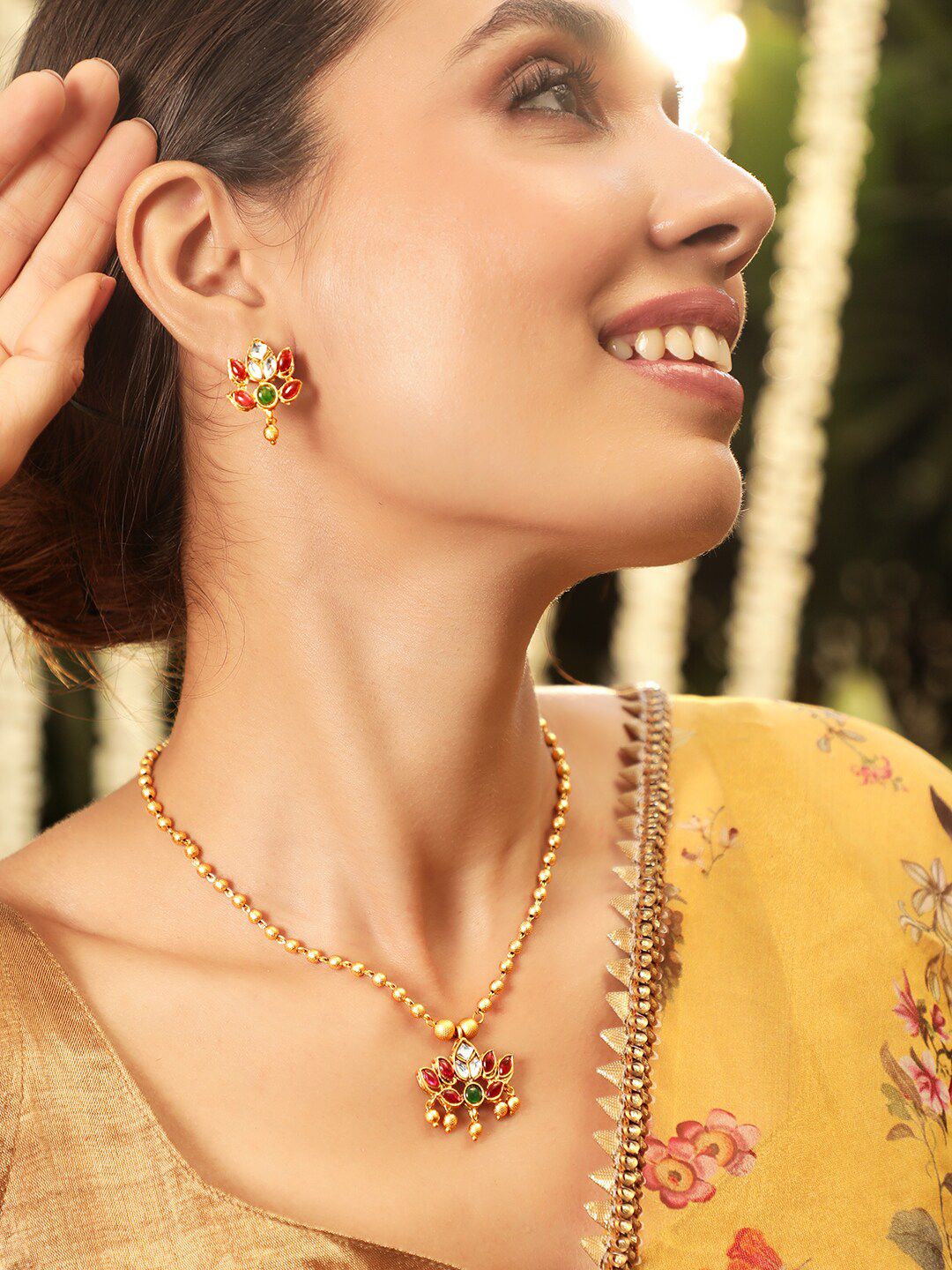 Rubans 22K Gold-Plated Ruby Pink & Emerald Stone Studded Handcrafted Necklace with Earring