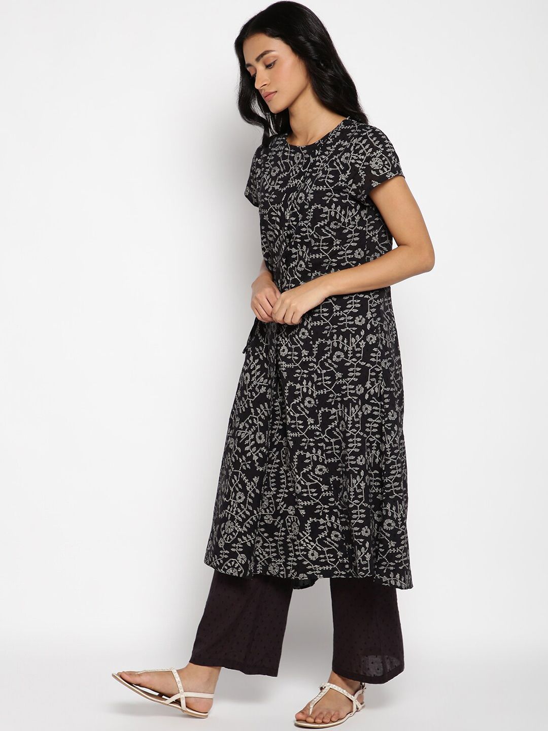 W Women Black Printed High-Low Hem Cotton Kurta