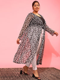 CURVY STREET Women Plus Size Printed Longline Tie-Up Shrug