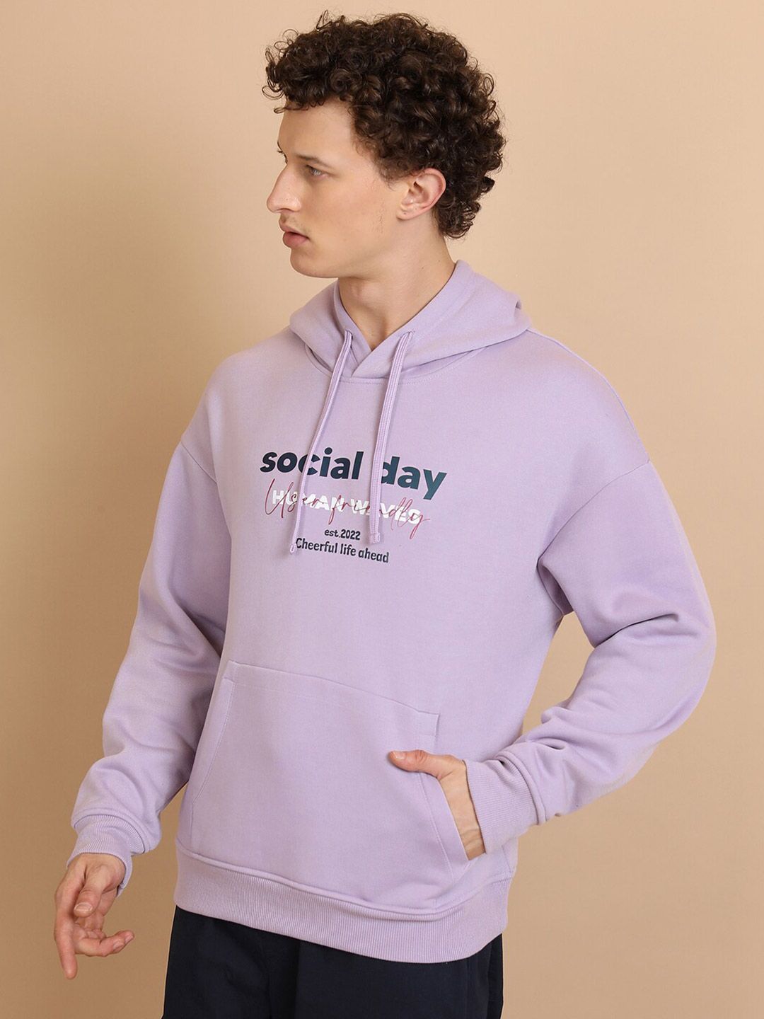 HIGHLANDER Typography Printed Hooded Oversized Drop Shoulder Sleeves Pullover Sweatshirt