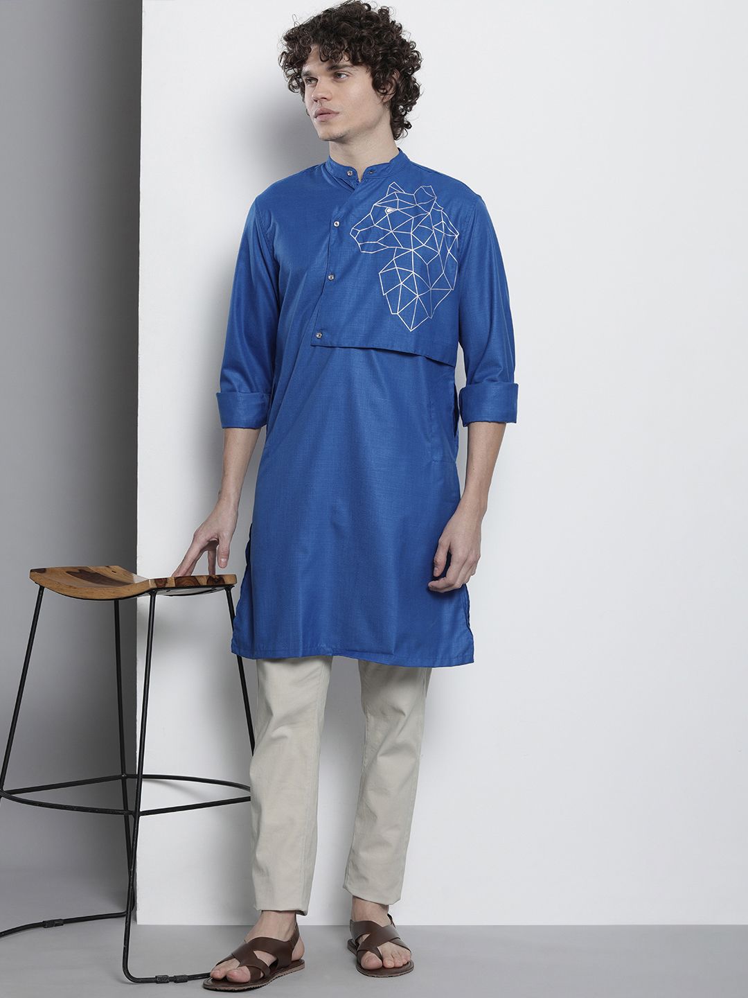 The Indian Garage Co Men Animal Printed Mandarin Collar Kurta