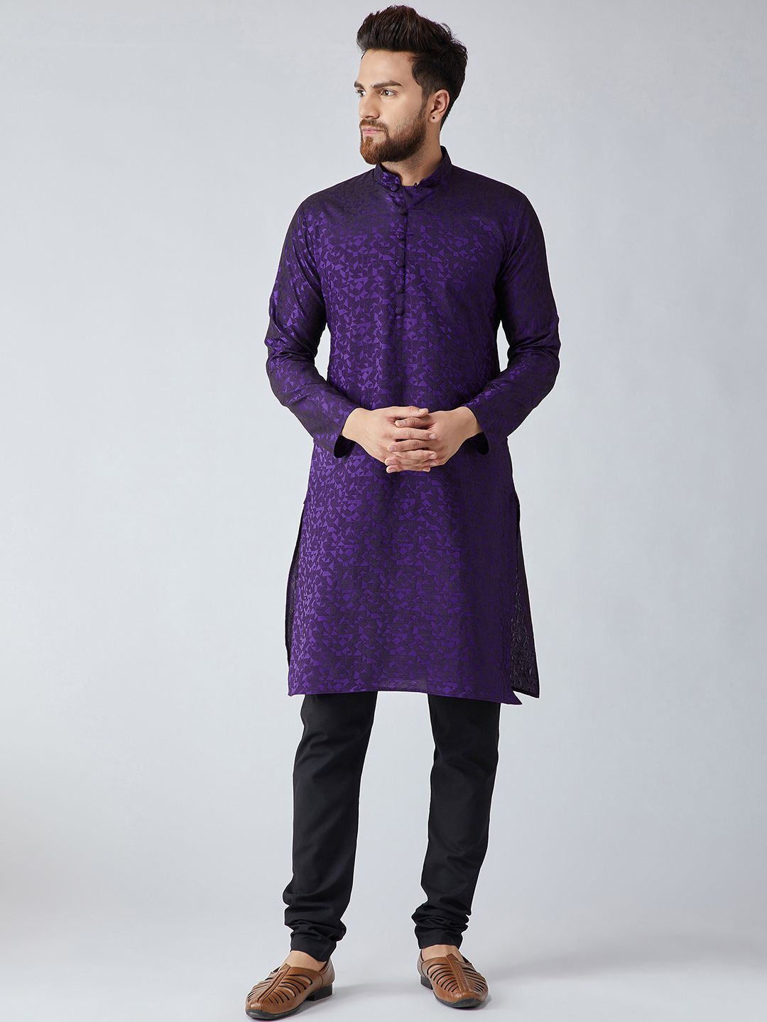 SOJANYA Men Purple Woven Design Straight Kurta