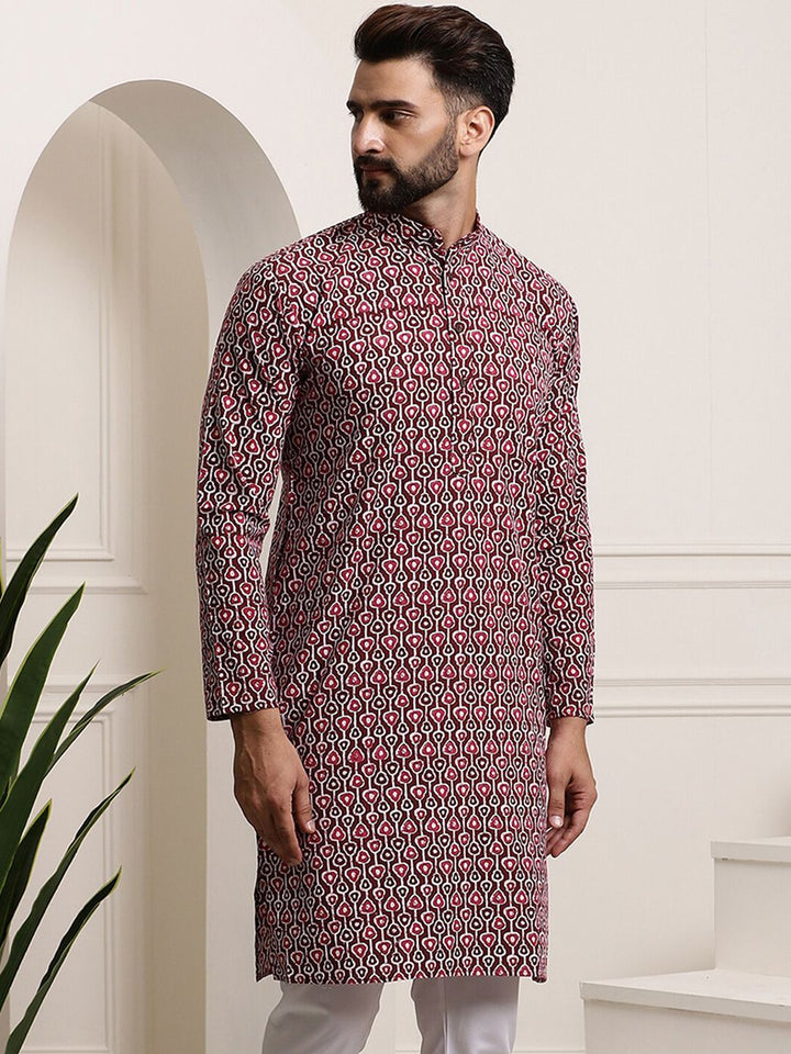SOJANYA Lelaki Hitam Geometric Flared Lengan Kurta Kerja Benang