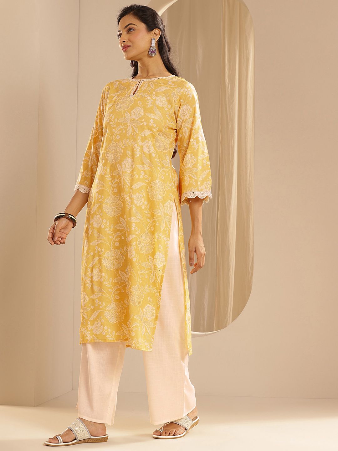 Libas Floral Printed Straight Sequinned Kurta with Palazzos & Dupatta