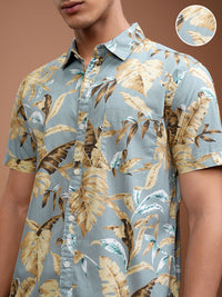HIGHLANDER Men Blue Slim Fit Tropical Cotton Printed Casual Shirt