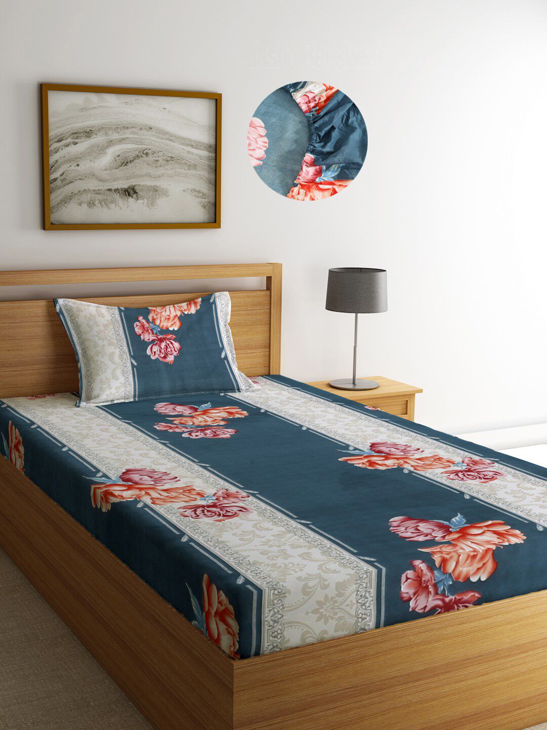KLOTTHE Off White Floral Polycotton 300 TC Dipasang Cadar Single Halus dengan Sarung Bantal-220 x 150 cm