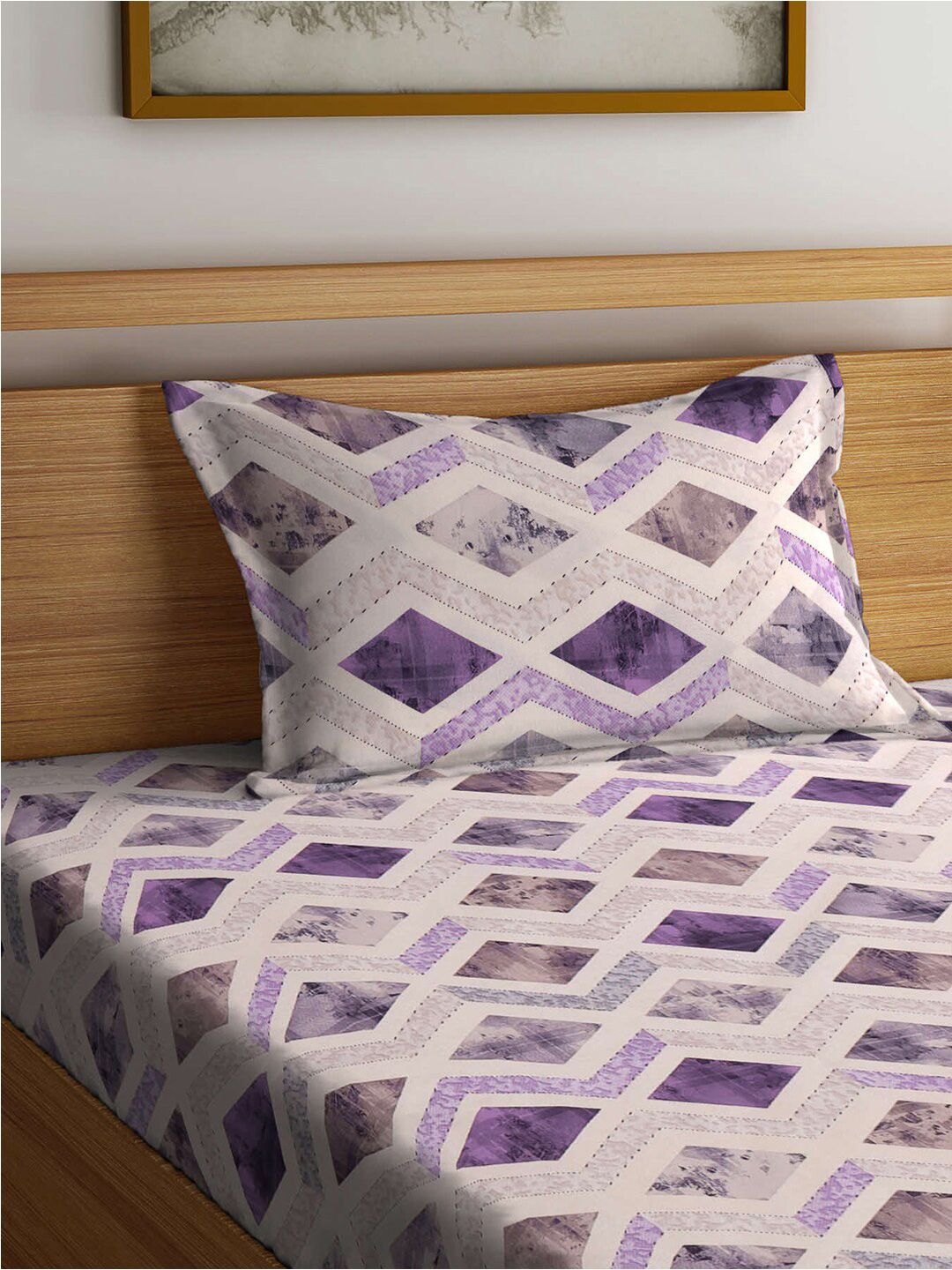 KLOTTHE Purple & White Printed 400 TC Pure Cotton Single Bedsheet With Pillow Cover