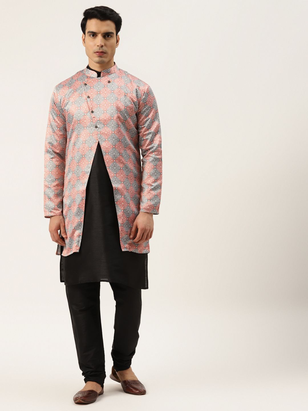 SOJANYA Men Black & Rust Orange Solid Kurta with Churidar & Printed Jacket