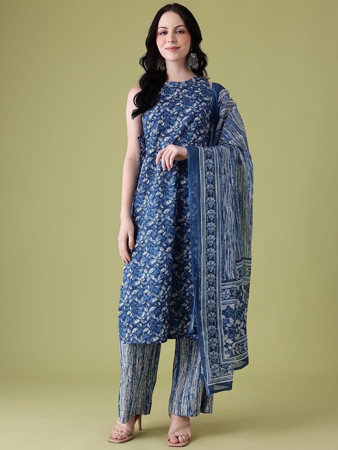 Anouk Floral Printed High Slit Pure Cotton Kurta with Trousers & Dupatta