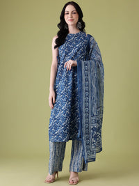 Anouk Floral Printed High Slit Pure Cotton Kurta with Trousers & Dupatta