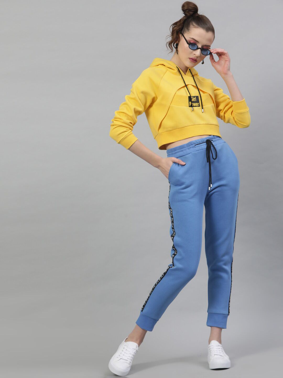 STREET 9 Women Yellow Printed Crop Hooded Sweatshirt