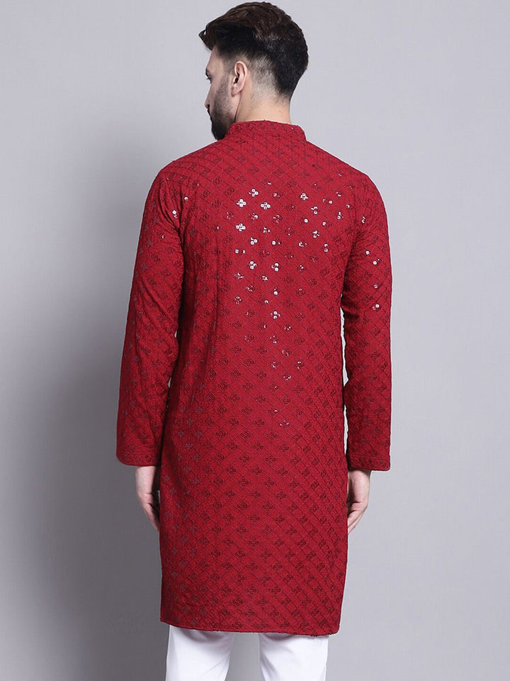 SOJANYA Geometric Embroidered Sequence Mandarin Collar Pure Cotton Kurta