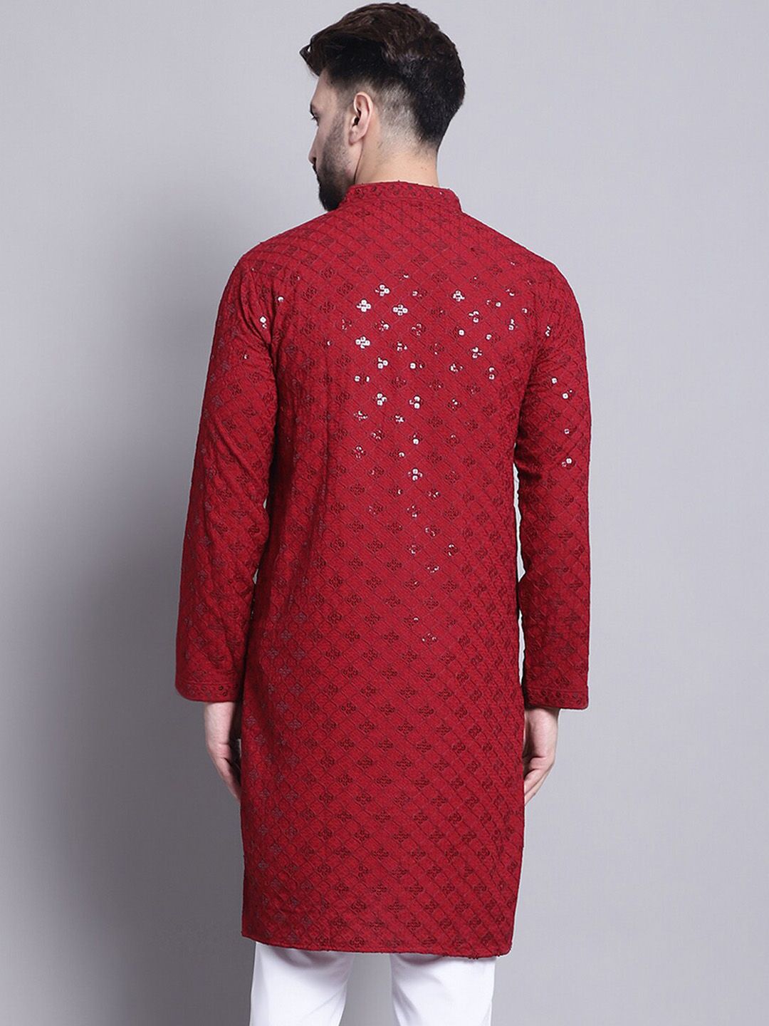 SOJANYA Geometric Embroidered Sequence Mandarin Collar Pure Cotton Kurta