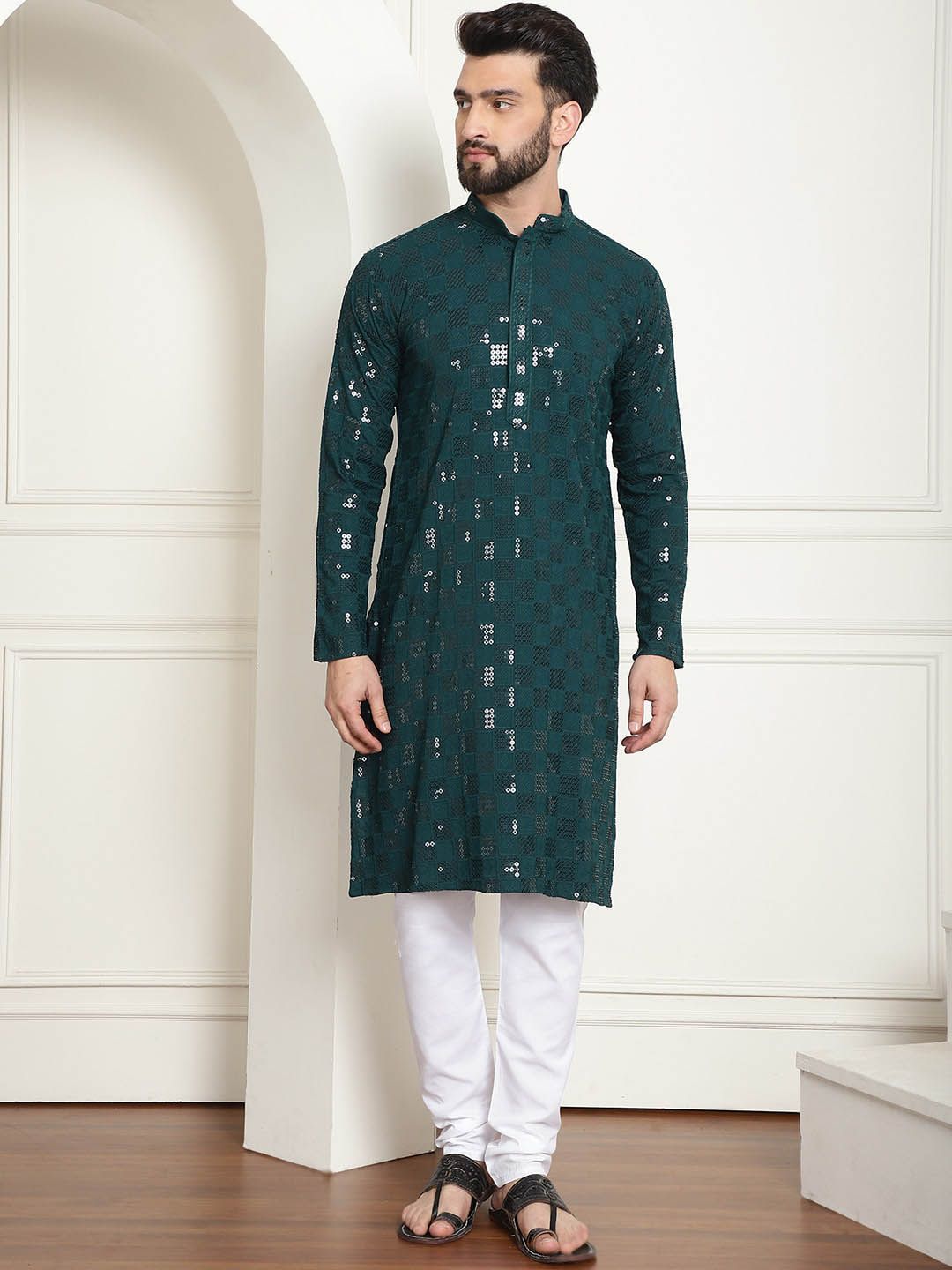 SOJANYA Kurta Kapas Tulen Bersulam Labuci Mandarin Dengan Churidar