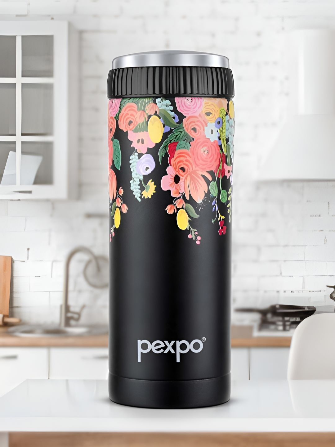 Pexpo Black & Pink Floral Printed Stainless Steel Double Wall Vacuum Water Bottle 430ml