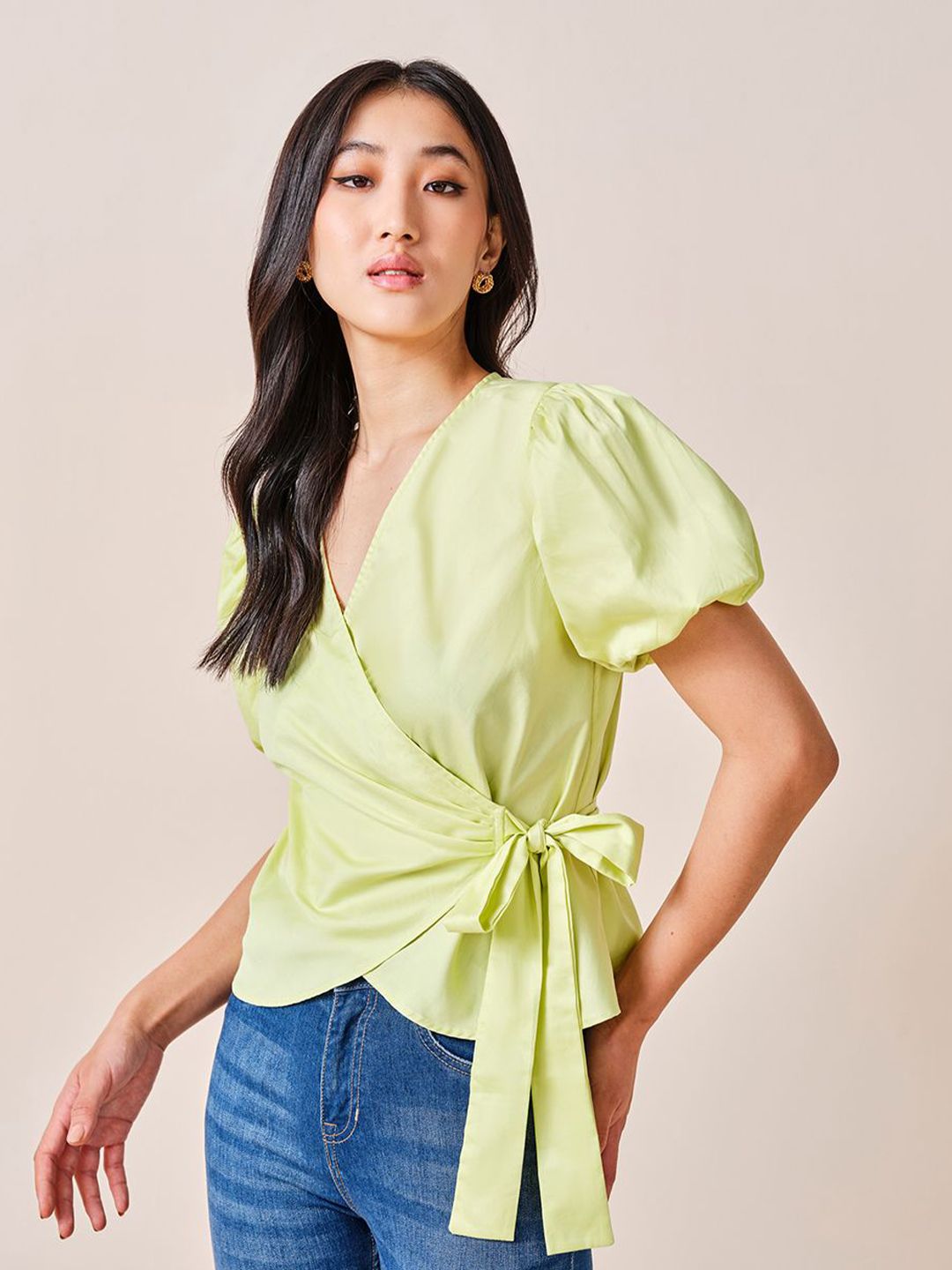 AND Women Solid Puff Sleeve Cotton Wrap Top
