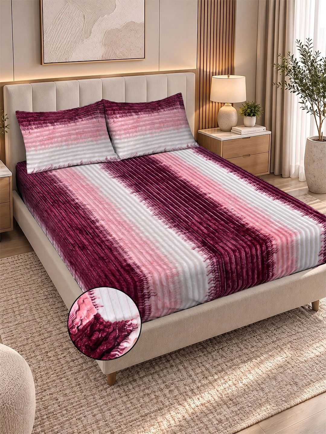 KLOTTHE Maroon & Pink Striped 300 TC King Bedsheet with 2 Pillow Covers