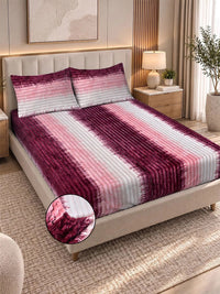 KLOTTHE Maroon & Pink Striped 300 TC King Bedsheet with 2 Pillow Covers