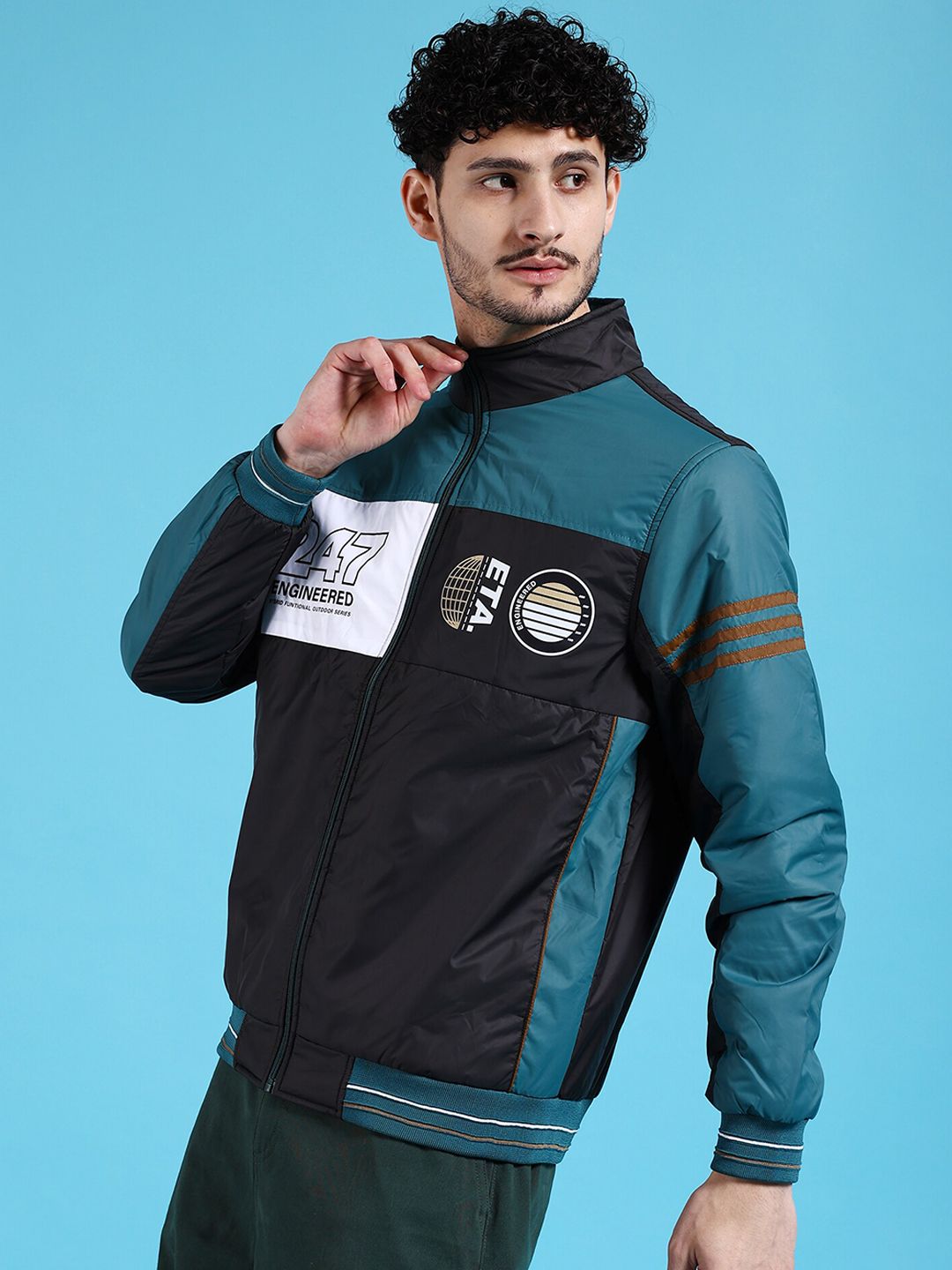 The Indian Garage Co Men Black Longline Outdoor Bomber with Patchwork Jacket