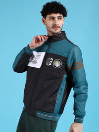 The Indian Garage Co Men Black Longline Outdoor Bomber with Patchwork Jacket