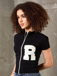 SASSAFRAS Women Typography Printed High Neck Pockets Slim Fit T-shirt