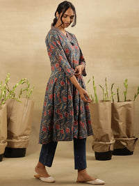 W V Neck Floral Printed Thread Work Cotton Kurta