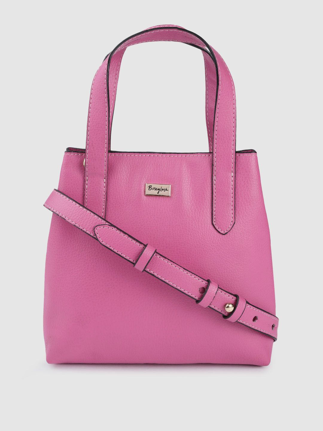 Berrylush Pink Solid Structured Handheld Bag with Detachable Sling Strap