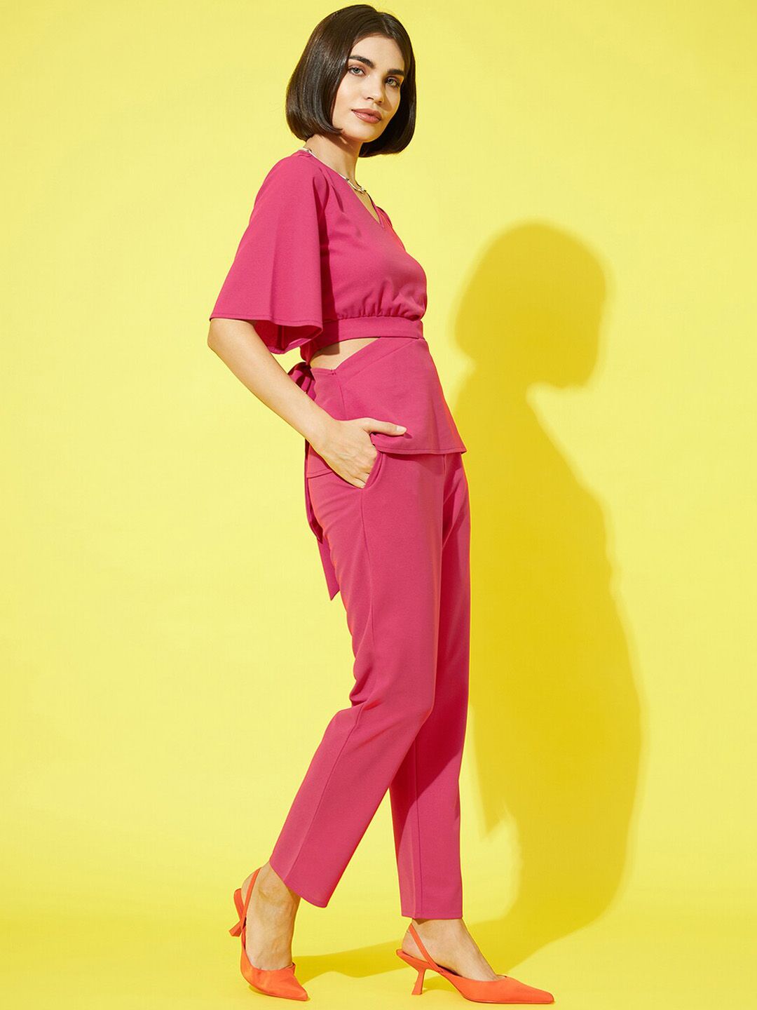 Athena Women Pink Solid V-Neck Top and Trousers